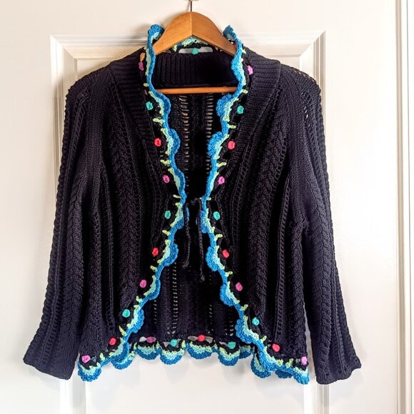 Vintage Relativity Black Cotton Crochet Tie-Front Cardigan Sweater - Picture 3 of 8